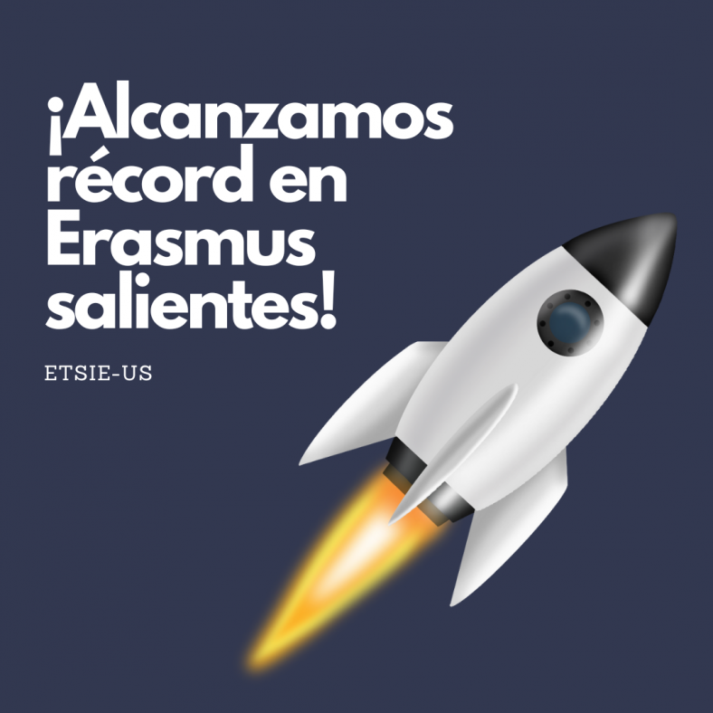 Dibujo de un cohete junto a un texto que dice: "Alcanzamos récord en Erasmus salientes"