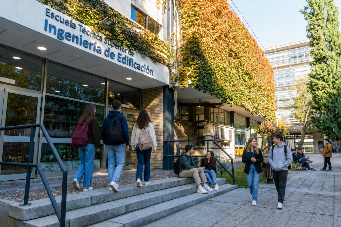Fotografía de la entrada de la Escuela con estudiantes en el entorno.
