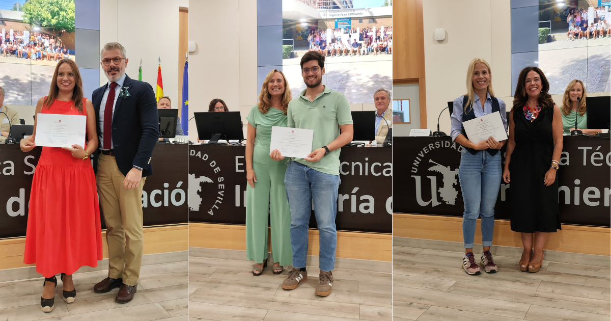 Tríptico de 3 fotografías en las que aparecen los 3 galardonados junto a la Directora de la ETSIE, la presidenta del Colegio de la Arquitectura Técnica y el subdirector de estudiantes de la ETSIE.