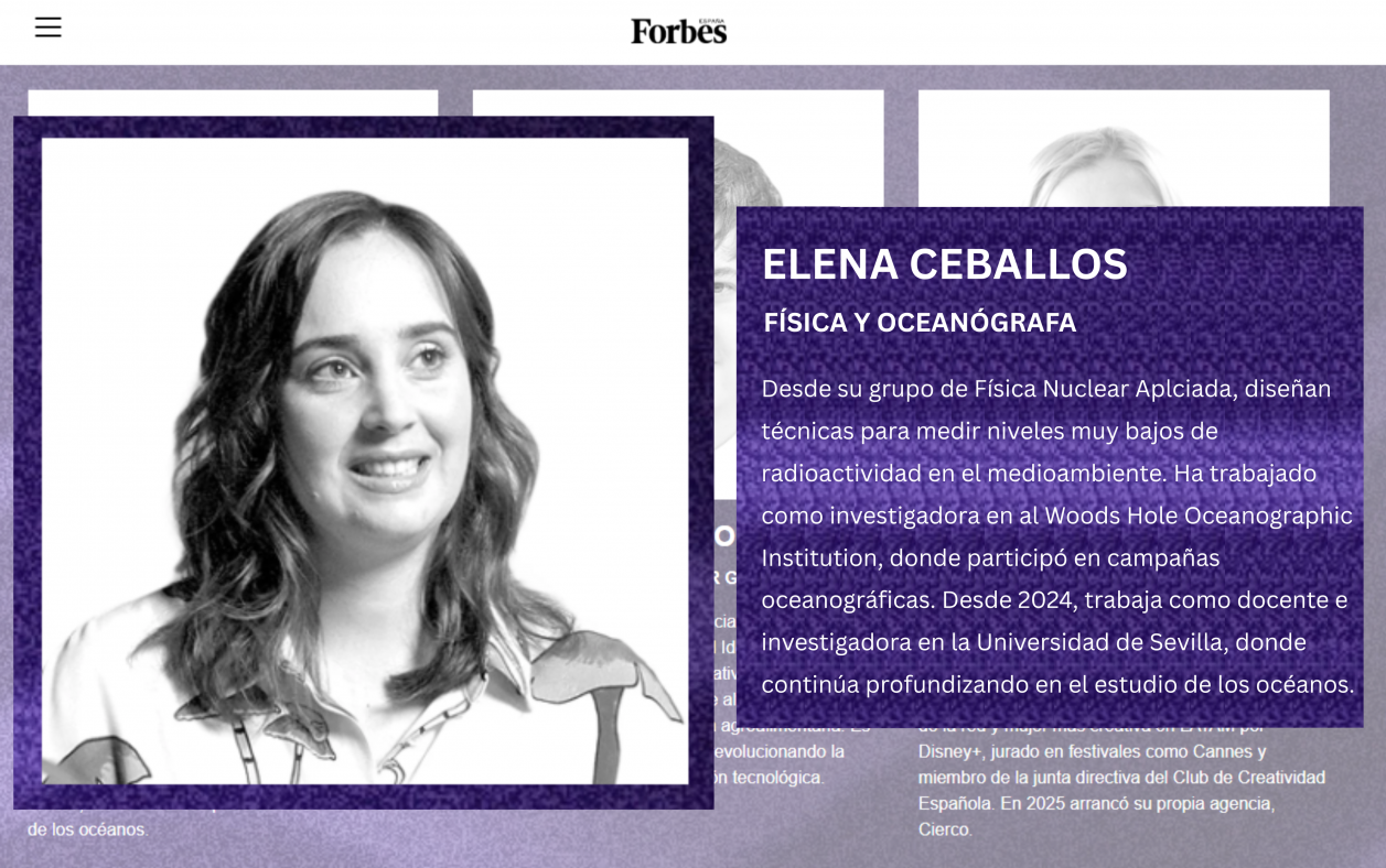 Página de la publicación de la revista Forbes donde sale una fotografía de Elena Ceballos y un texto sobre su investigación.
