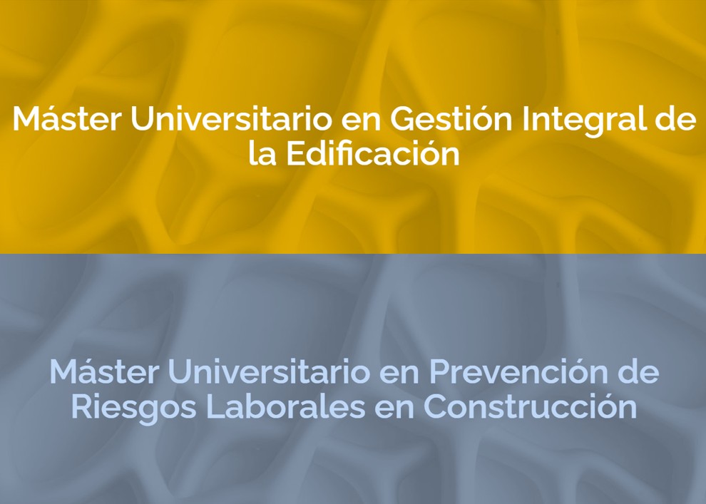Cartel publicitario. Nombre de los másteres sobre un fondo amarillo y azul.