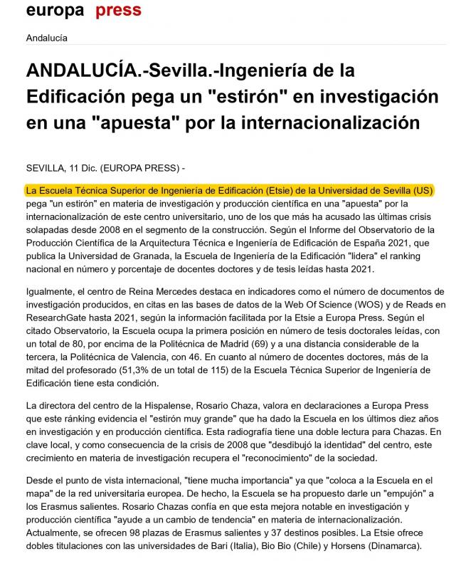 Ingeniería de la Edificación de Sevilla pega un "estirón" en investigación en una "apuesta" por la internacionalización