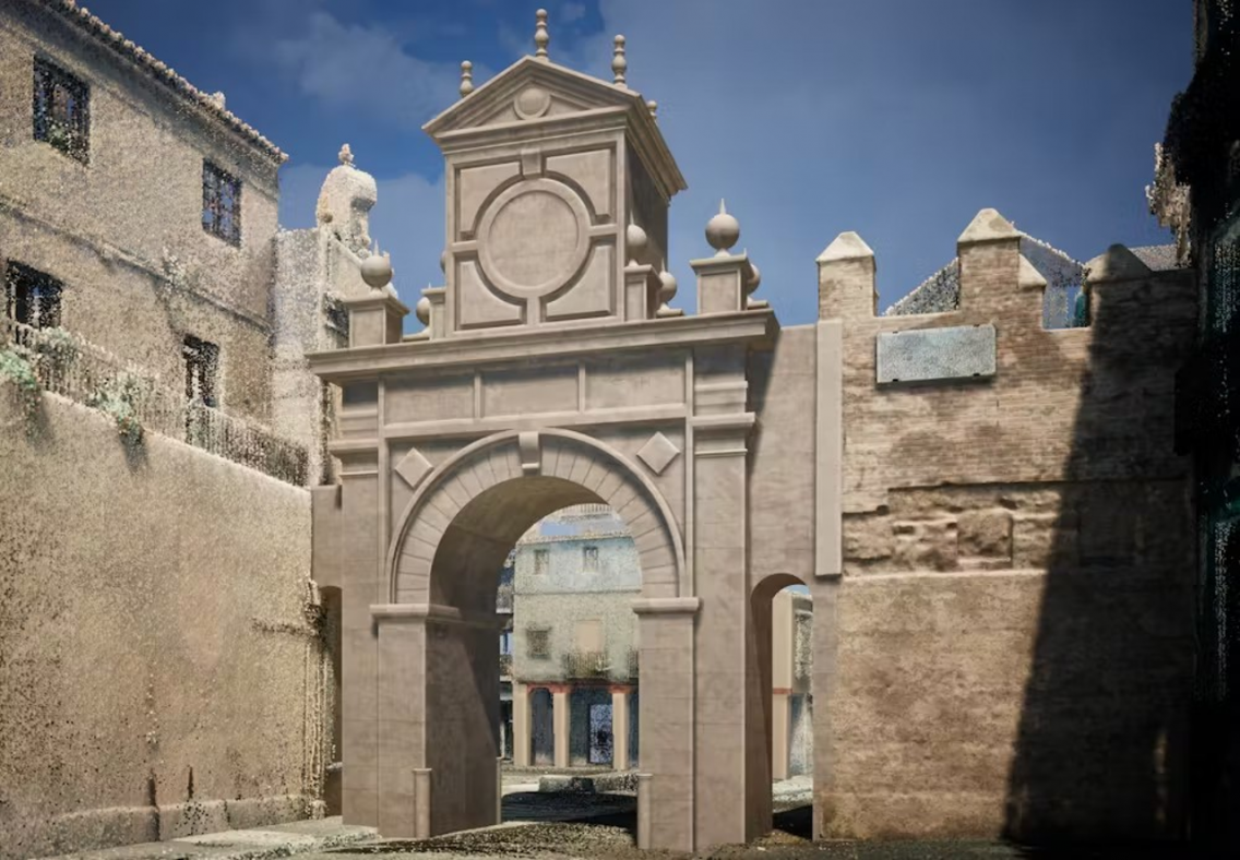Imagen de la recreación 3D de la Puerta Real de Sevilla en su entorno urbano